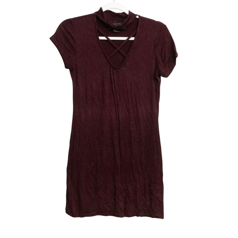 Poly and Esther Teens Maroon Rayon Blouson Dress Criss Cross Neck Short Sleeve M